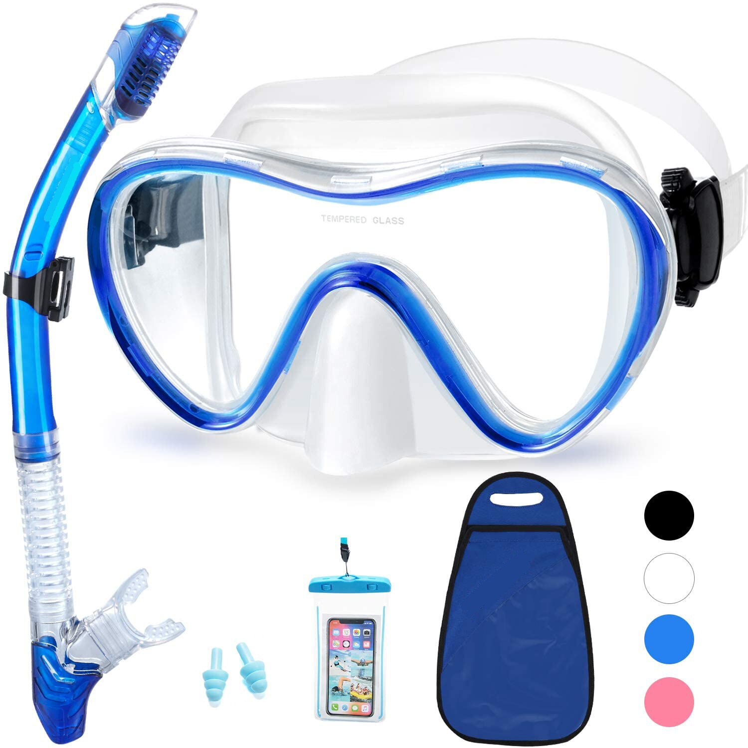 Duikbril Snorkel Set Met Waterdichte Draagtas Snorkelen Masker Met Slagvast Panoramisch Gehard Glas Zwemmen Volwassen: Blue