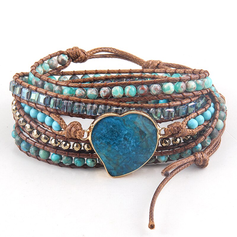 RH Handma-pulsera Bohemia con piedras naturales mezcladas, colgante de corazón, 5 pulseras de tiras, para mujer
