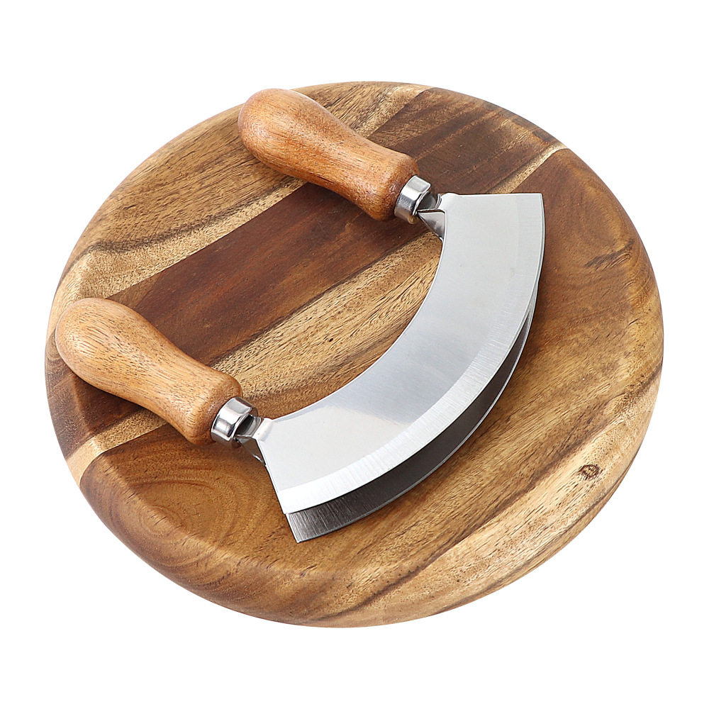 Salad Chopper With Wood round Herb Board Mezzaluna Knife with Handle Stainless Steel Chopper Vegetable Cutter Onion Chopper