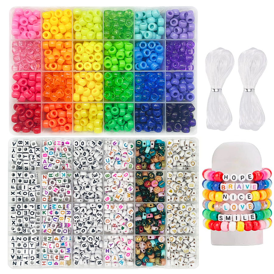 Pony Beads for Friendship Bracelet Making Kit 24 Colors Kandi Beads Set, Plastic Rainbow Bulk and 980pcs Letter Beads wit: Antique Bronze Plated