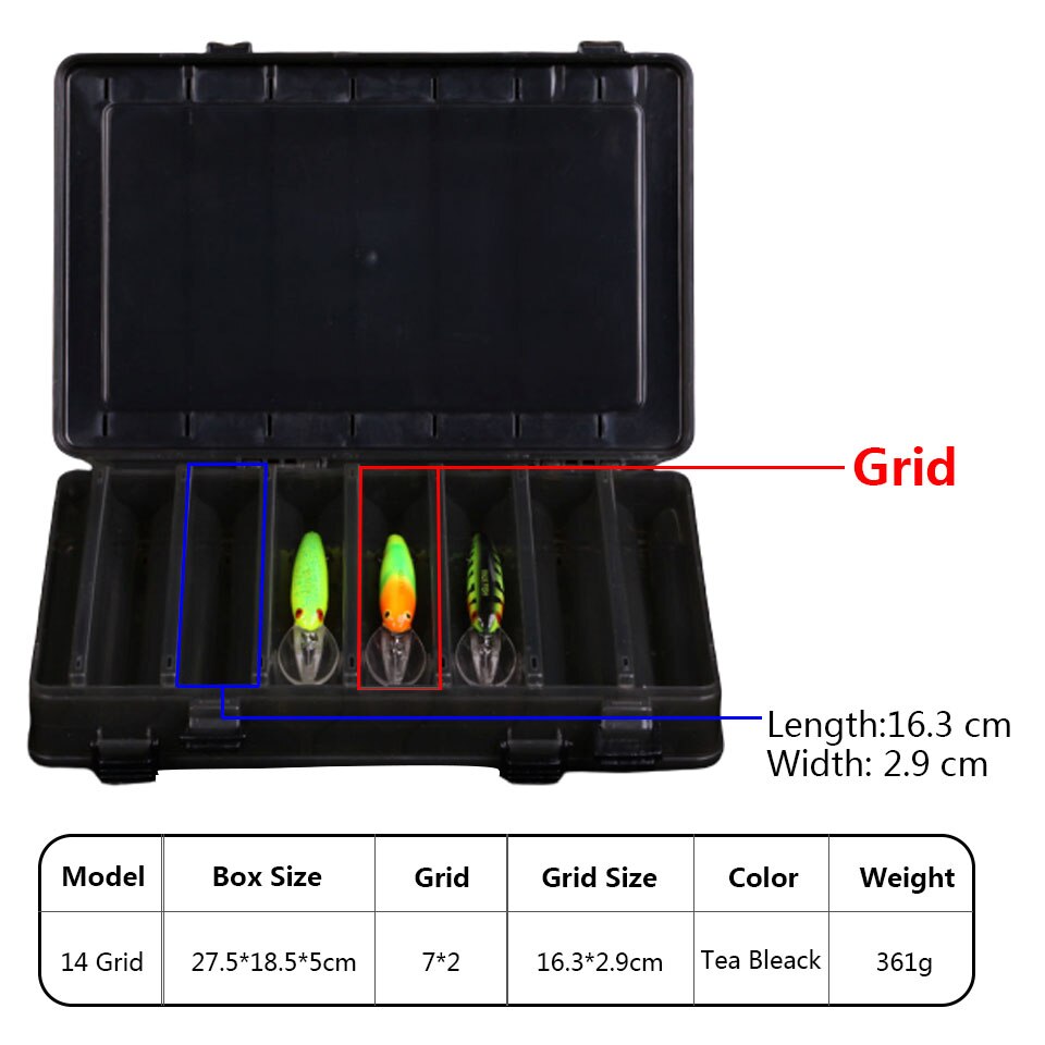 10/12/14 /24 Grids Compartments Fishing Box Double Sided Plastic Lure Hook Boxes Tackle Storage Box Supplies Fishing Accessorie: 14  Grid Tea Black