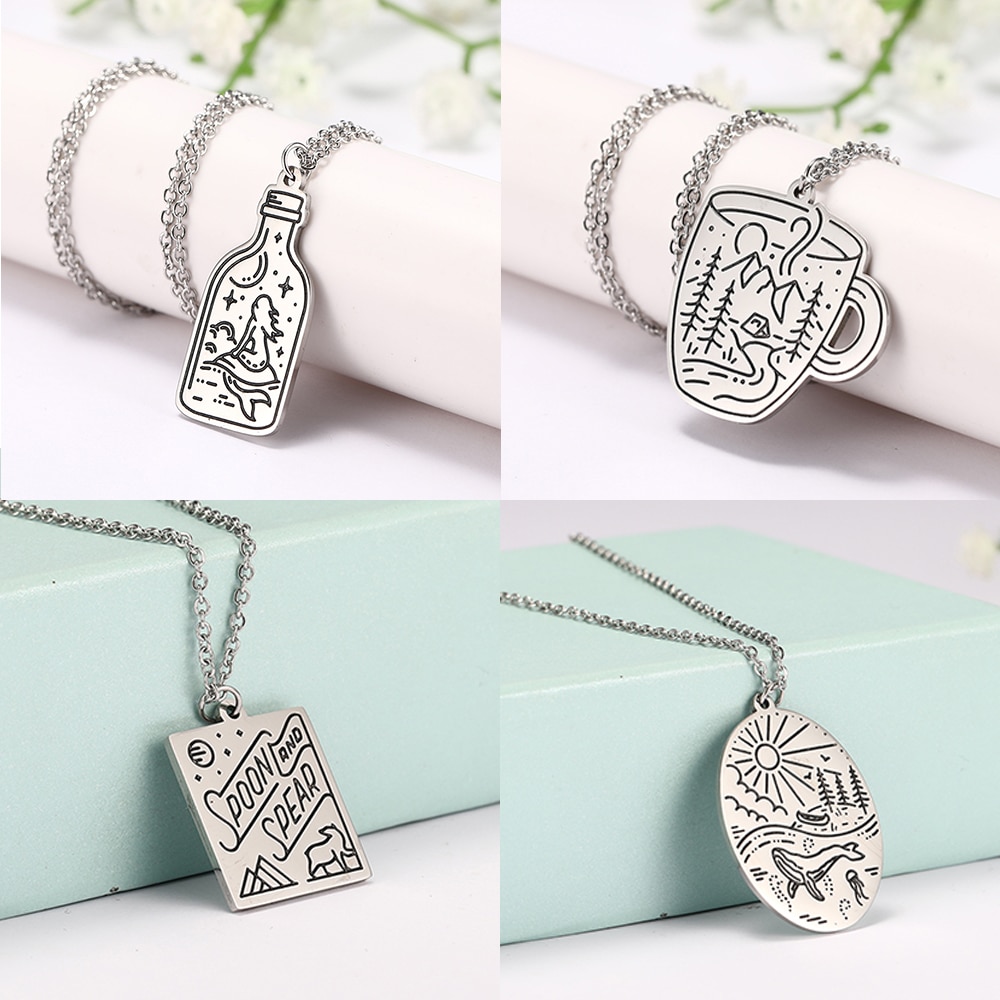 Dawapara Stainless Steel Jewelry Trendy Square Coffee Cup Camping Pendant Necklaces Unisex for Anniversary