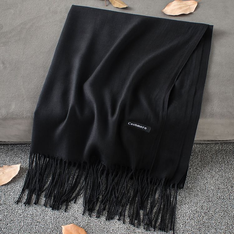 Weiche Kaschmir Schals Frauen Herbst Neue Feste Farbe wickelt Dünne Lange Schal mit Quaste lässig Dame Winter Weibliche Schal: Schwarz Schal