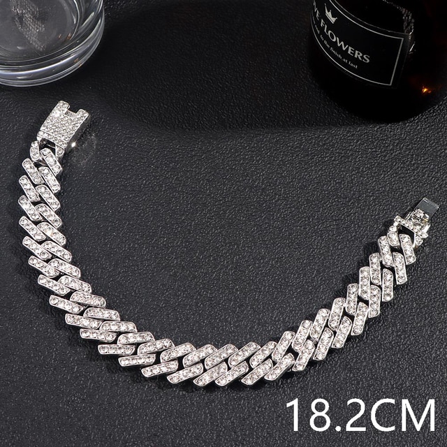 15mm Bling Strass Hip Hop Cuban Link Kette Armbänder für Frauen Männer Iced Out Volle Kristall Rapper Hand Kette luxus Schmuck: 011102SL