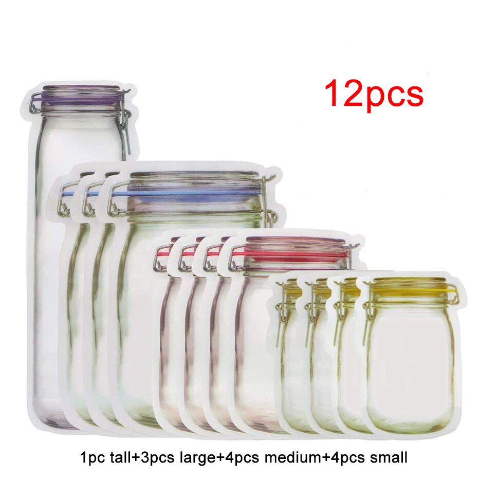 Mason Jar-bolsas de almacenamiento con forma de tarro, para aperitivos, galletas, dulces, frescas, con cierre y cremallera, organizador de pie: 12pcs