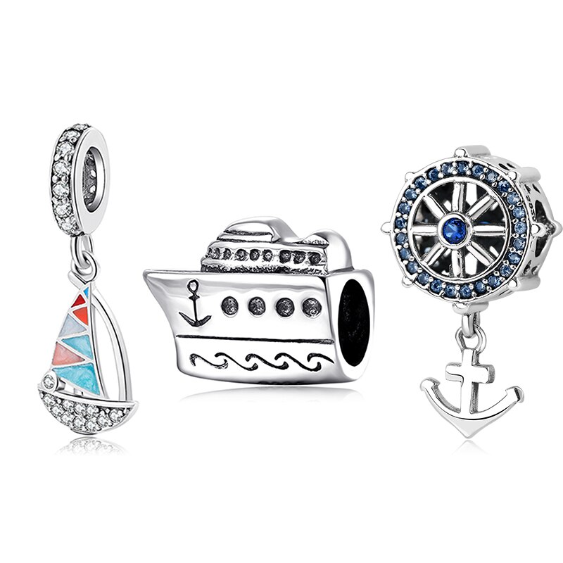 Breloques en forme de petit voilier en émail, perles en argent Sterling 925, adaptées aux Bracelets européens originaux,