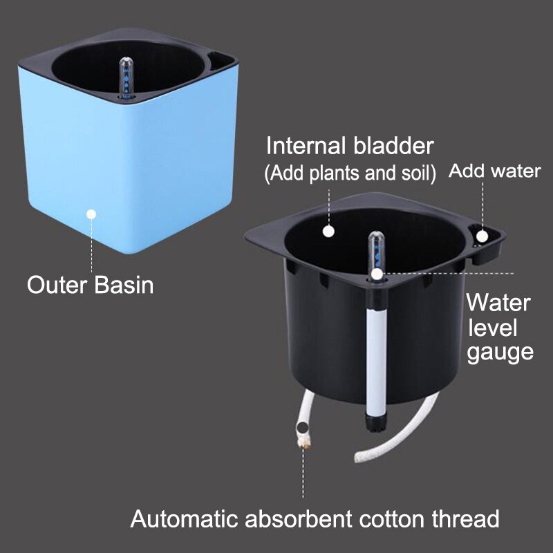 Maceta de plástico de autorriego para escritorio, maceta Rectangular cuadrada para plantas, con indicador de nivel de agua, para oficina y jardín