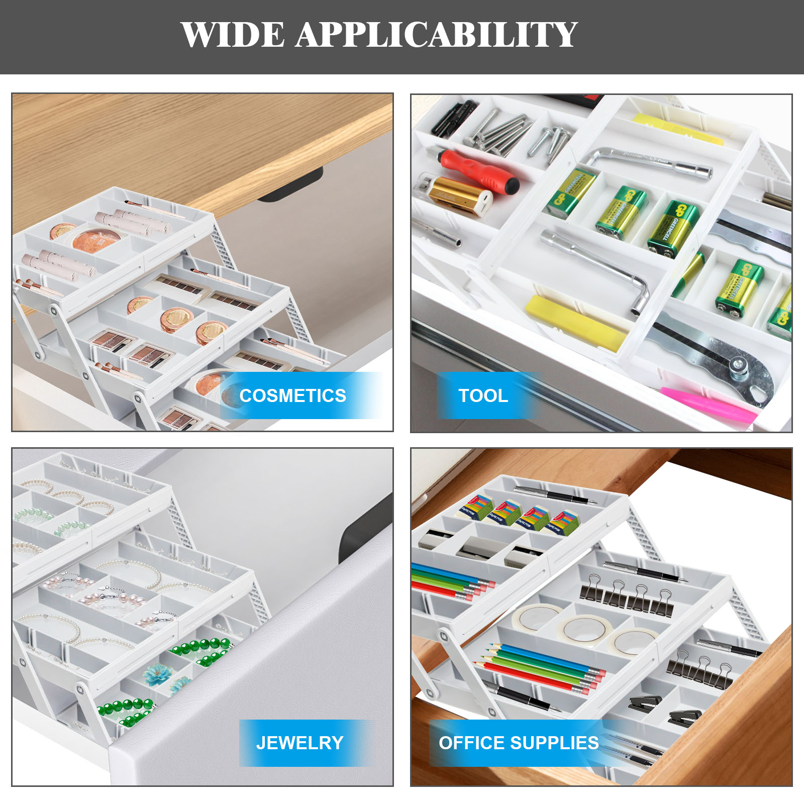 Organizador de cajones de 2/3 niveles, bandejas organizadoras de escritorio expandibles plegables de varios niveles para suministros de oficina, utensilios de cocina