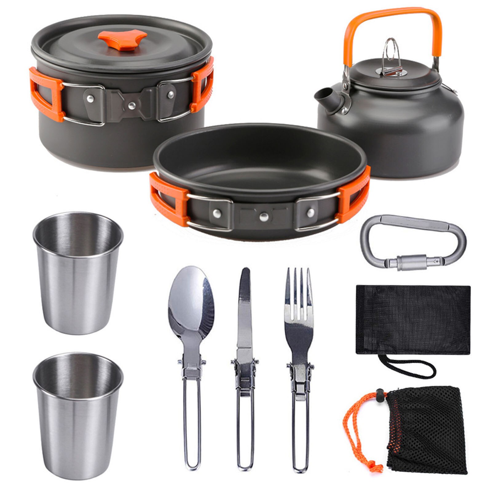 Outdoor Ultralight Camping Cookware Mess Kit with Kettle Pot Pan Plates Cups Fork Spoon Kit Lightweight Camping Cooking Set for
