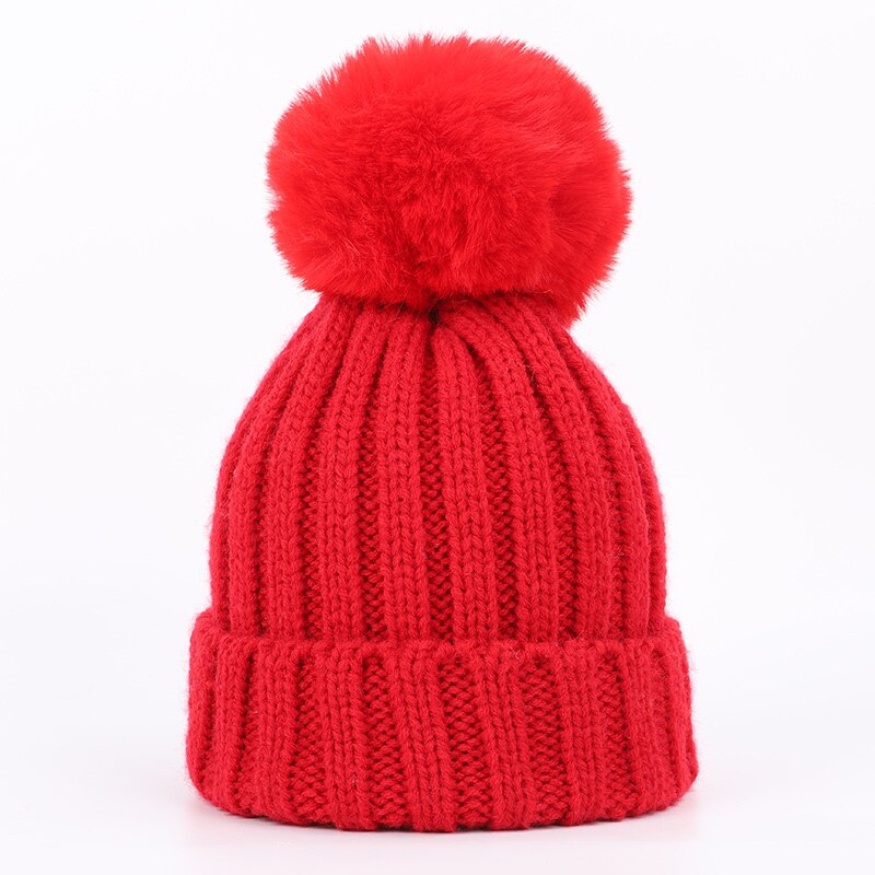 Mode kinderen Gebreide Mutsen Muts Sjaal 2 Stuks Set Effen Kleur Winter Jongen Meisje pompom Zachte Cap sjaals Baby Kids: Red-2