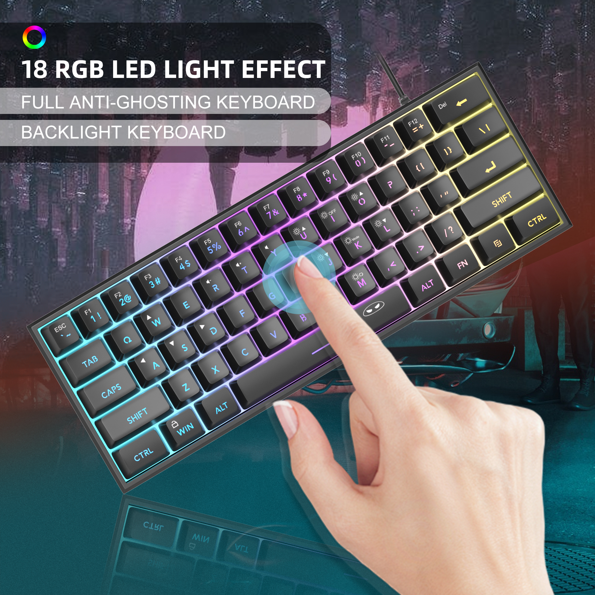 MageGee Mini teclado para juegos 60%, teclado ultracompacto retroiluminado RGB de 61 teclas, oficina de sensación mecánica impermeable ergonómica TS91