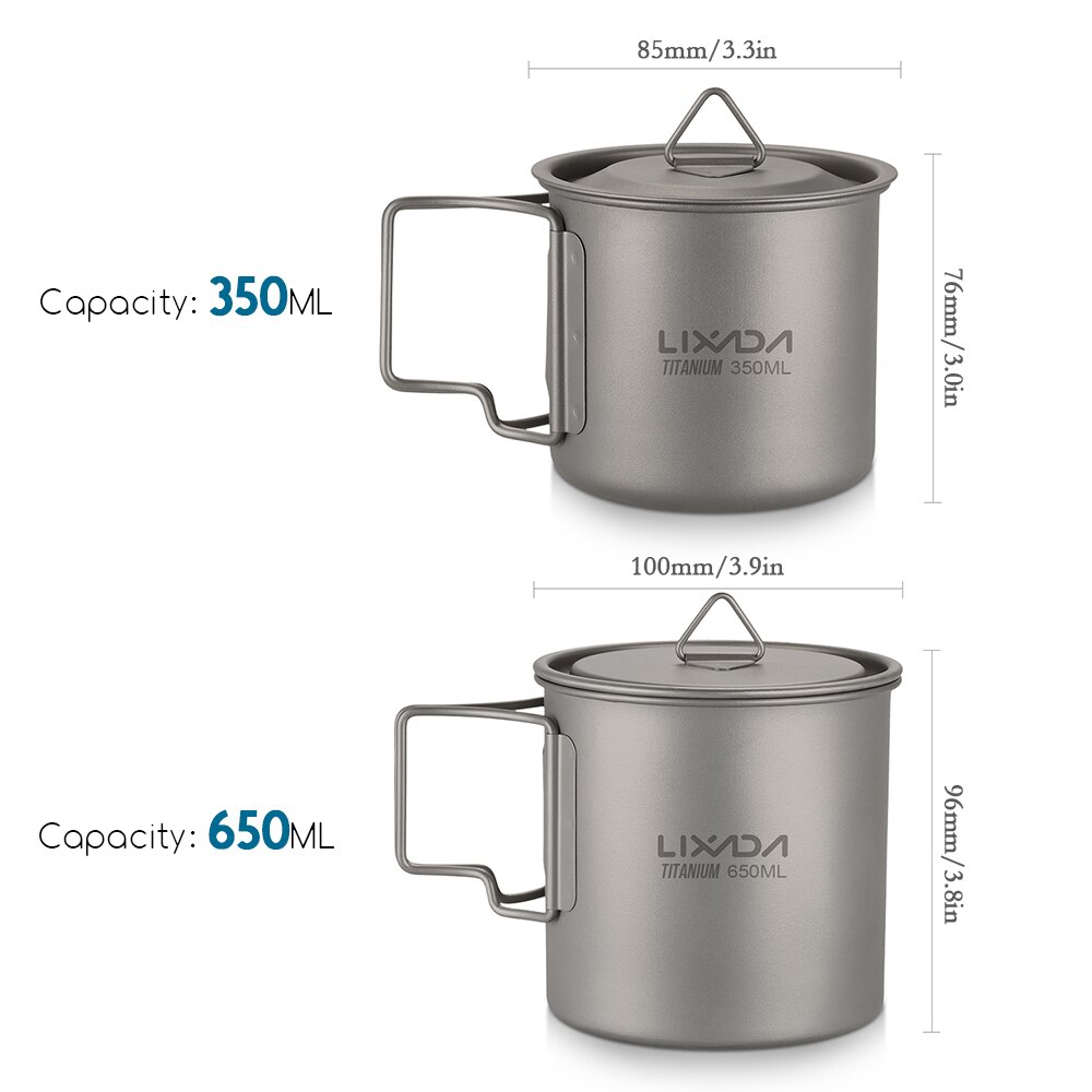 Lixada Titanium Cup Camping Verwarming Mok Servies Lichtgewicht Outdoor Survival Koken Apparatuur Wandelen Kookgerei Picknick Gebruiksvoorwerpen: 350ml 650ml