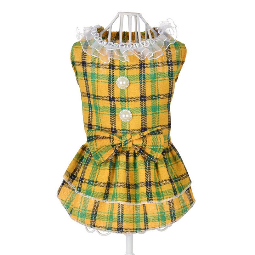 Puppy Plaid Dog Dress with Pearl Button Cute Dog Skirt Pet Cat Princess Apparel Clothes Party Dress for Small Dogs Robe Chien