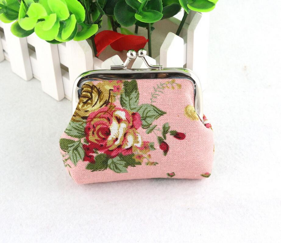 Vintage Style Women Cotton Fabric Coin Purse Big Rose Printed Wallets Key Holders Party For Girls 8pcs/lot