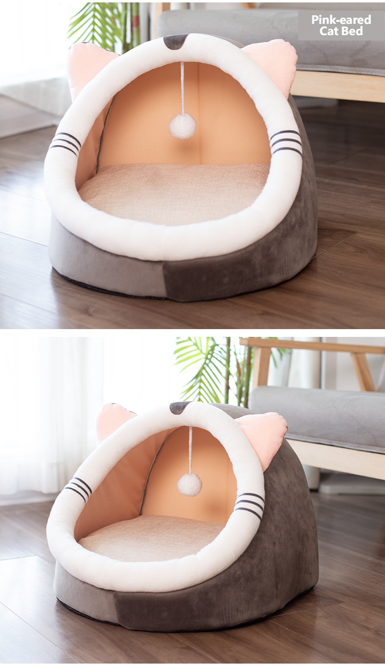 Semi-enclosed Foldable Cat House Cartoon-shaped Cute Cat Bed Warm Cozy Kitten Bed Collapsible