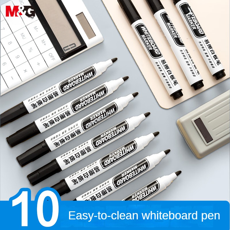 M&G 10 stuks uitwisbare whiteboard-markers grote capaciteit onderwijsconferentiemarkers slijtvaste punt zwart voor kantoor