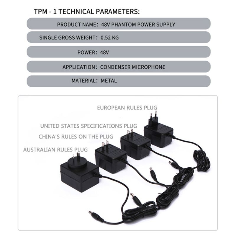 48V Phantom Power Supply with Adapter AU US EU Plug for Condenser Karaoke Mic