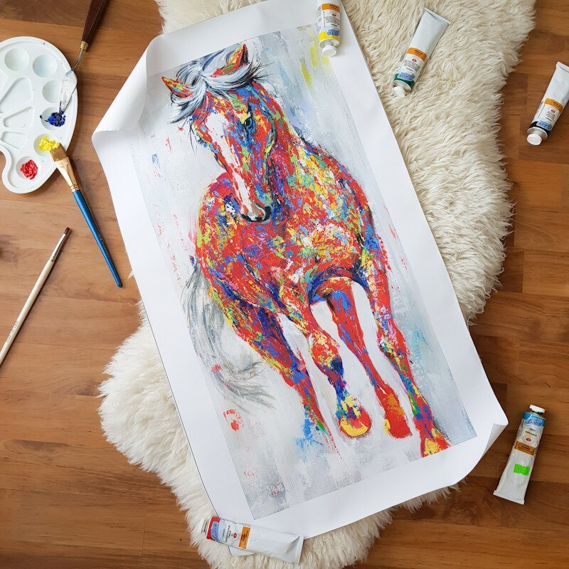 WANGART frame schilderij Groter Originele Running Horse Schilderijen Wall Art Houten Scroll Muur Foto Voor Woonkamer