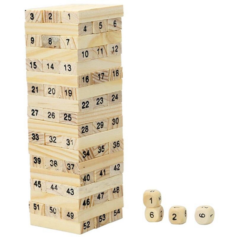 54 Pieces Wooden Block Stacking Game with Numbers and Dice: Default Title