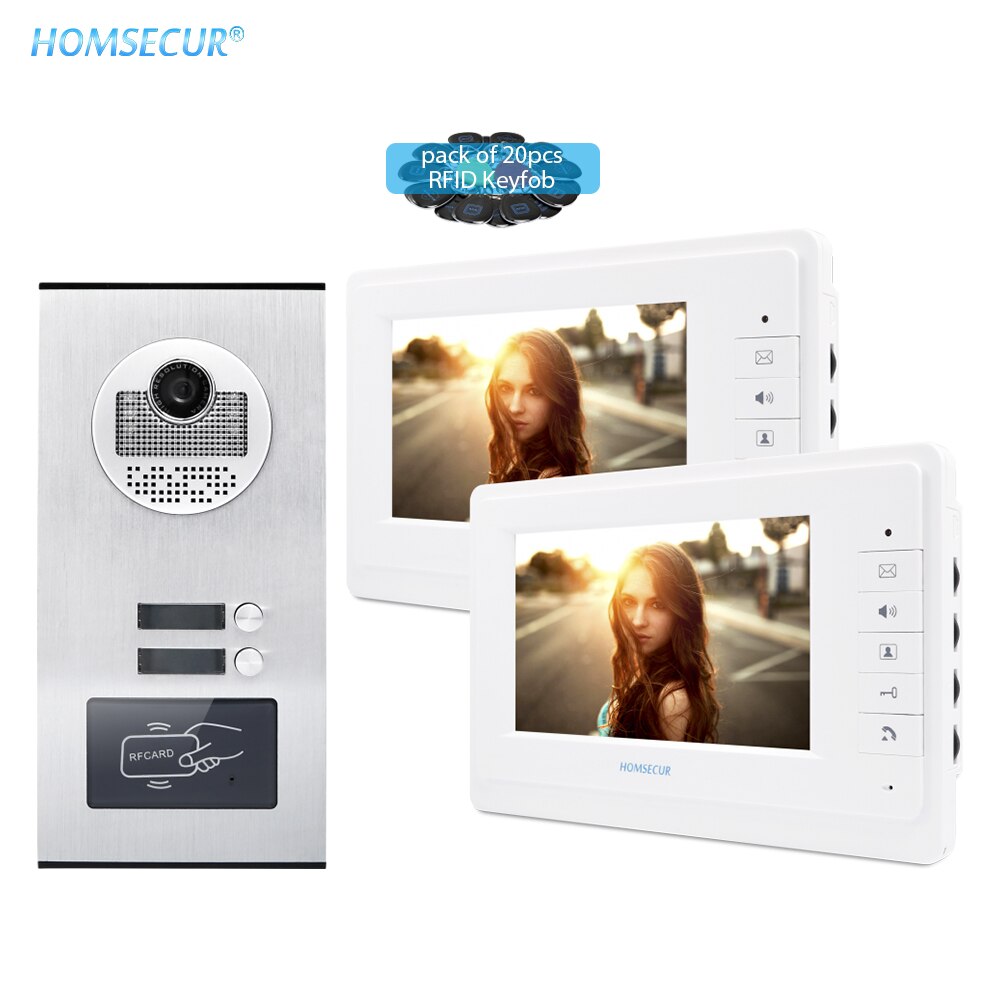 HOMSECUR 4-Wire 7inch Video Door Intercom Apartment System with 2 Monitors 1 Outdoor Camera 20pcs RFID Keyfob Included