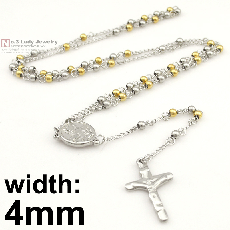 Gokadima Stainless Steel Necklace Men Jewelry or Women Catholic Rosary Beads Chain Necklace Cross For Christmas , 4mm / 6mm