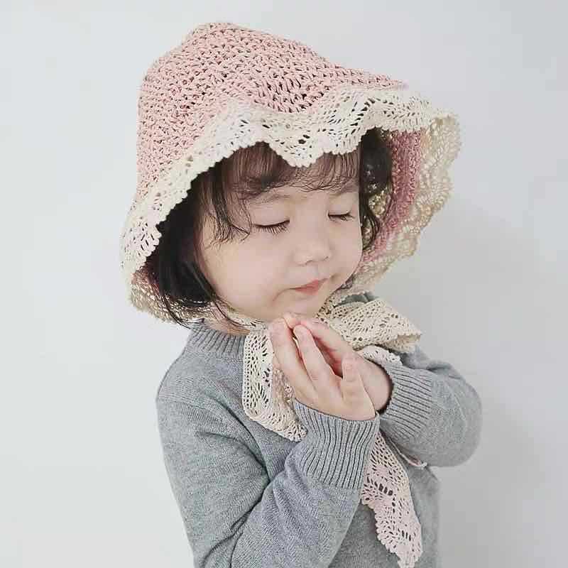 Sun hat girl foldable beach hat travel sunscreen lace lace adjustable summer straw cap child visors hat SL-06: child 3