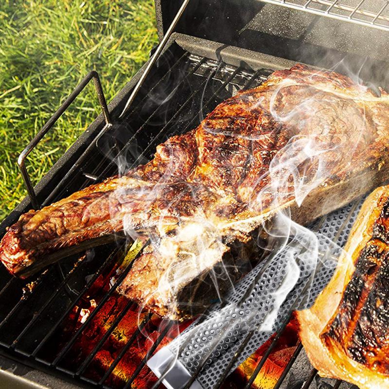 Rustfrit stål rygerrør bbq træpille røgkasse trækulgrill kød bbq tilbehør udendørs grill picnic meshes