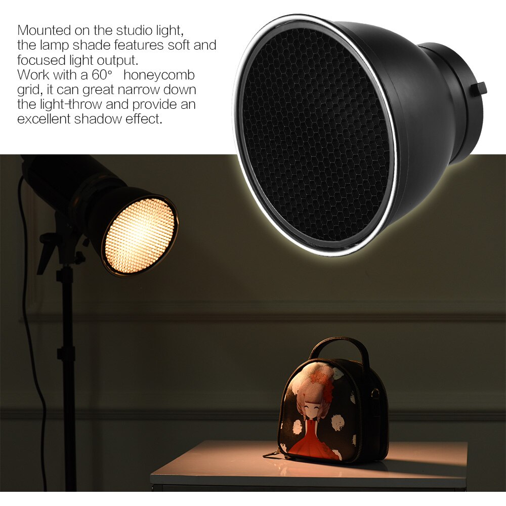 7" Standard Reflector Diffuser Lamp Shade Dish with 60 Degree Honeycomb Grid for Bowens Mount Studio Strobe Flash Speedlite