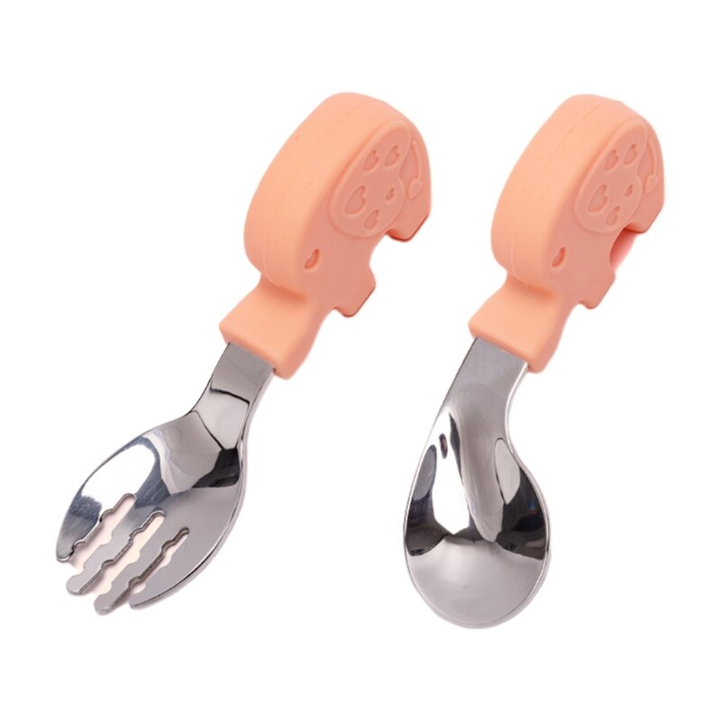 2 piezas de utensilios de acero inoxidable, conjunto de cubiertos, tenedor y cuchara para niños pequeños: Pink baby elephant