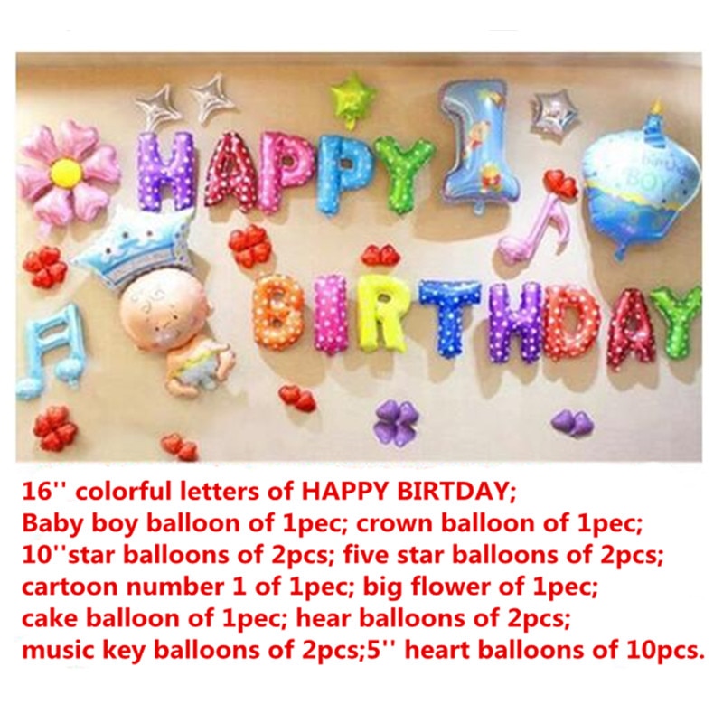 36 stks Gelukkig de 1st verjaardag ballonnen set, cartoon bloem cake folie ballon partij decoratie ballon bal baby jongen meisje levert