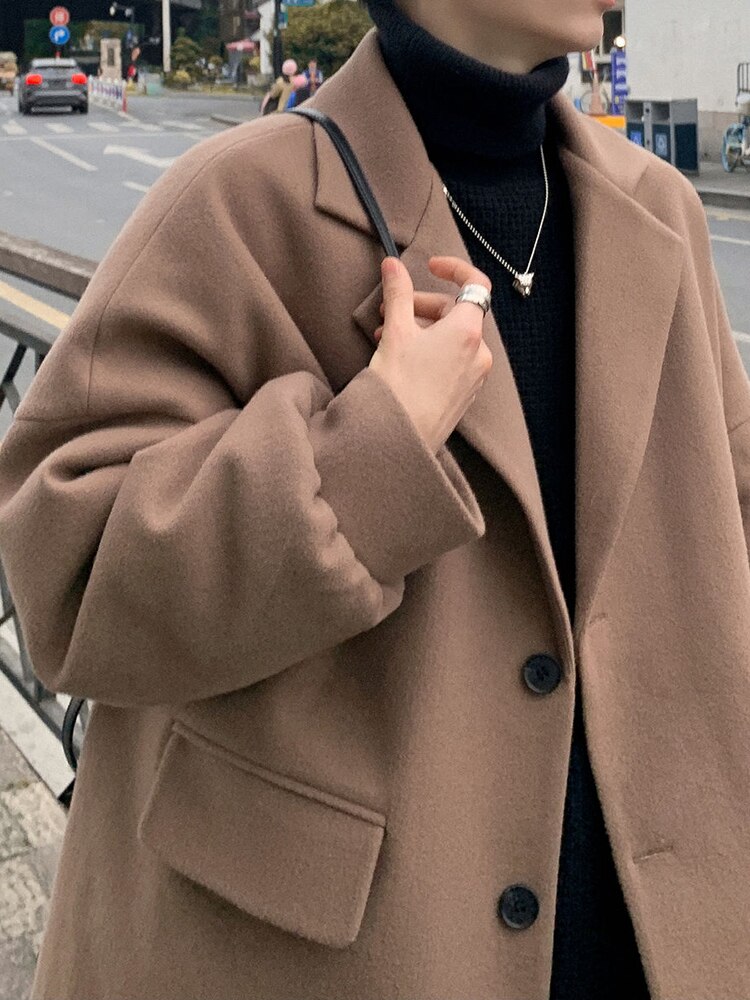 IEFB – manteau en laine de chameau noir pour homme, pardessus en Tweed à boutonnage simple, ample, mi-long, col de costume, vêtements épais, automne hiver: Camel / M