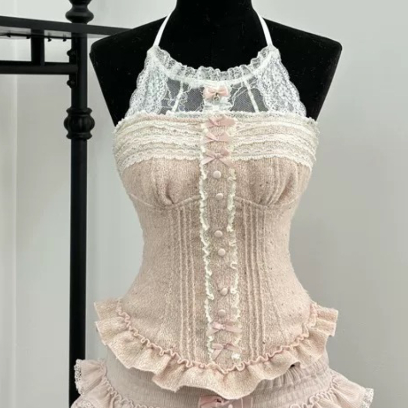 Sweet Lolita Style Princess 2 Piece Sets Women Lace Bow Sleeveless Slim Tops Mini Cake Skirt Suits Female Kawaii Outfits: L / Pink