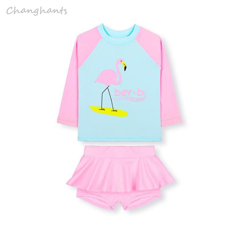 Model 2-13 y pige udslæt vagt langærmet barn to stykke badetøj lyserød lyseblå flamingo badedragt piger badedragt