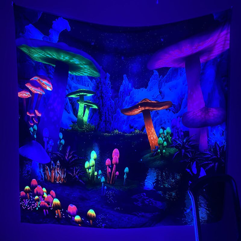 Tapiz fluorescente de seta de búho, decoración de pared que brilla bajo la lámpara negra, luz UV, decoración del hogar, dormitorio, sala de estar, psicodélico: 04