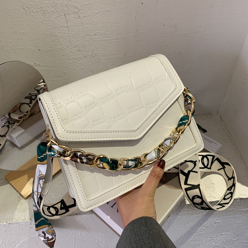 BANKUO Womens Bag PU Stone Pattern Shoulder Bags for Women Vintage Wide Straps Handbags Solid Crossbody Bags Z392: WHITE