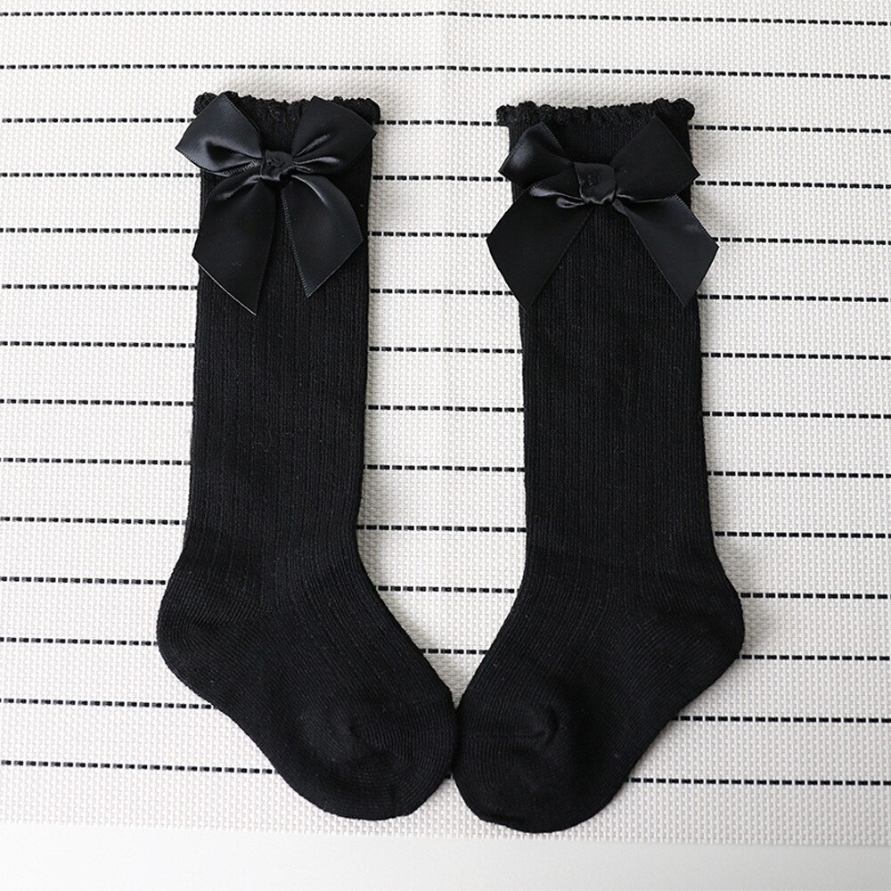 Kids Peuters Meisjes Grote Boog Knie Hoge Lange Zachte Katoen Kant Baby Sokken Kids: Black / 18m