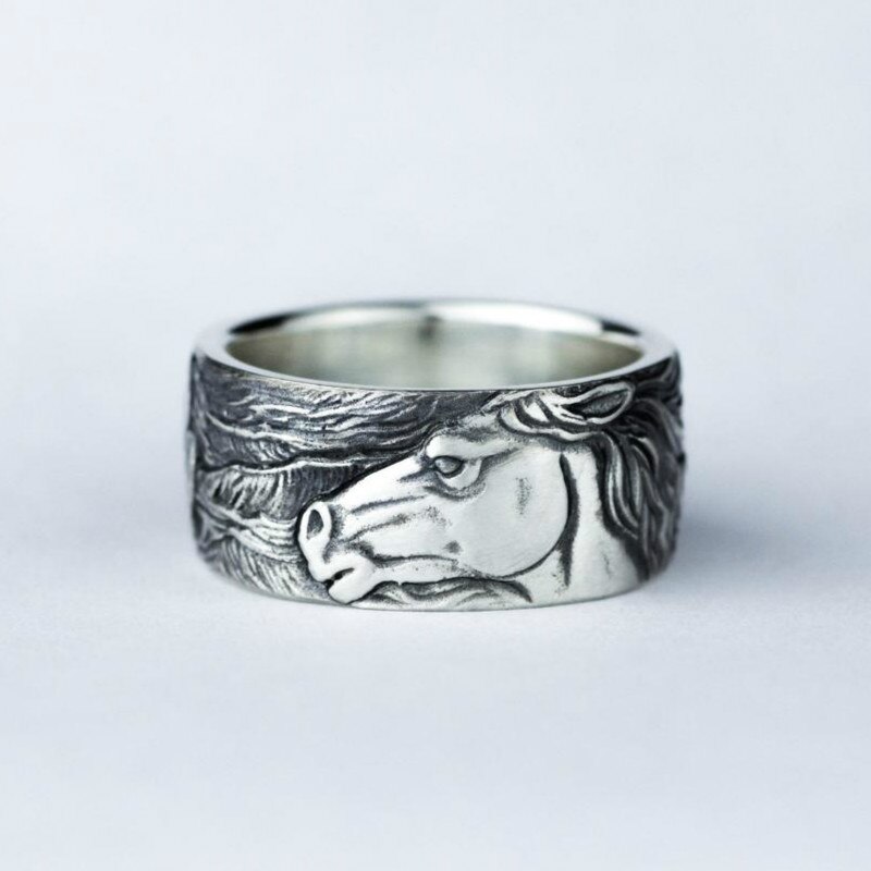 Vintage 925 Thai Silver Horse Carving Finger Rings Punk Style Antique Animals Ring for Women Ladies Party Retro Jewelry