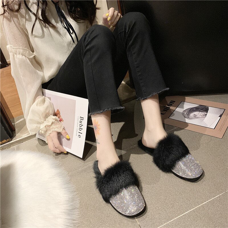Ronde Neus Haar Schoenen Vrouwen Luxe Strass Bont Crystal Slippers Diamant Muilezels Anti Op Half Slippers Flats Schoenen