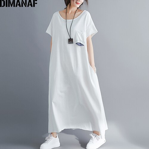 Dimanaf plus size vestido feminino tamanho grande algodão vestidos femininos roupas soltas casual senhora maxi vestido longo básico sólido verão 2021: Yi98119CN-bai / L