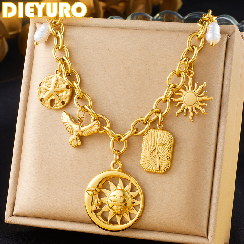 DIEYURO 316L Acero inoxidable perla dorada sol Luna colgante redondo collar para mujer nueva tendencia cuello cadena joyería