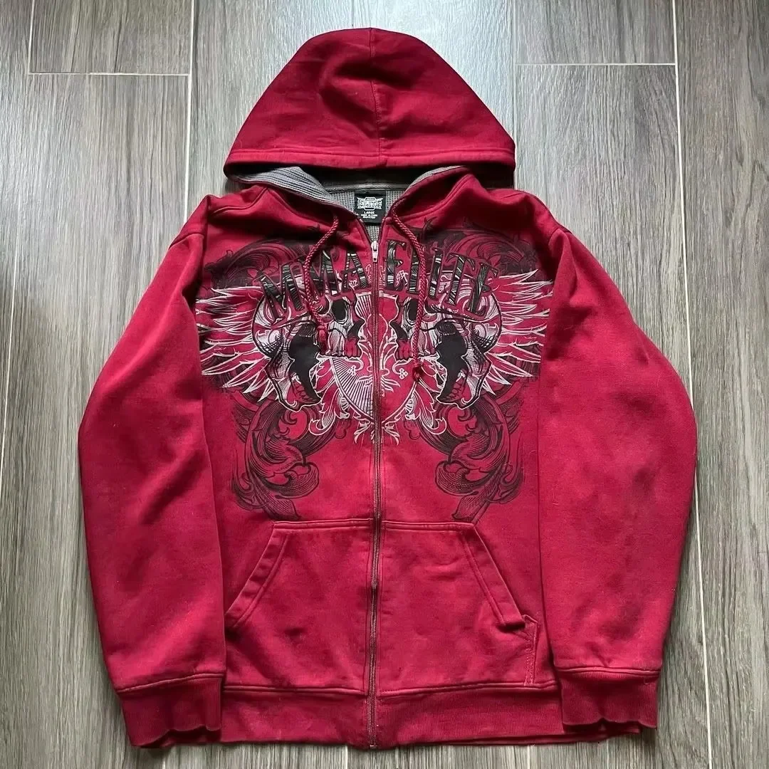 Red Hip Hop Zipper Hoodies Vintage Elite Full Zip Hoodie Sweatshirt Size Skull Printing Red Sweatshirts: XL / black