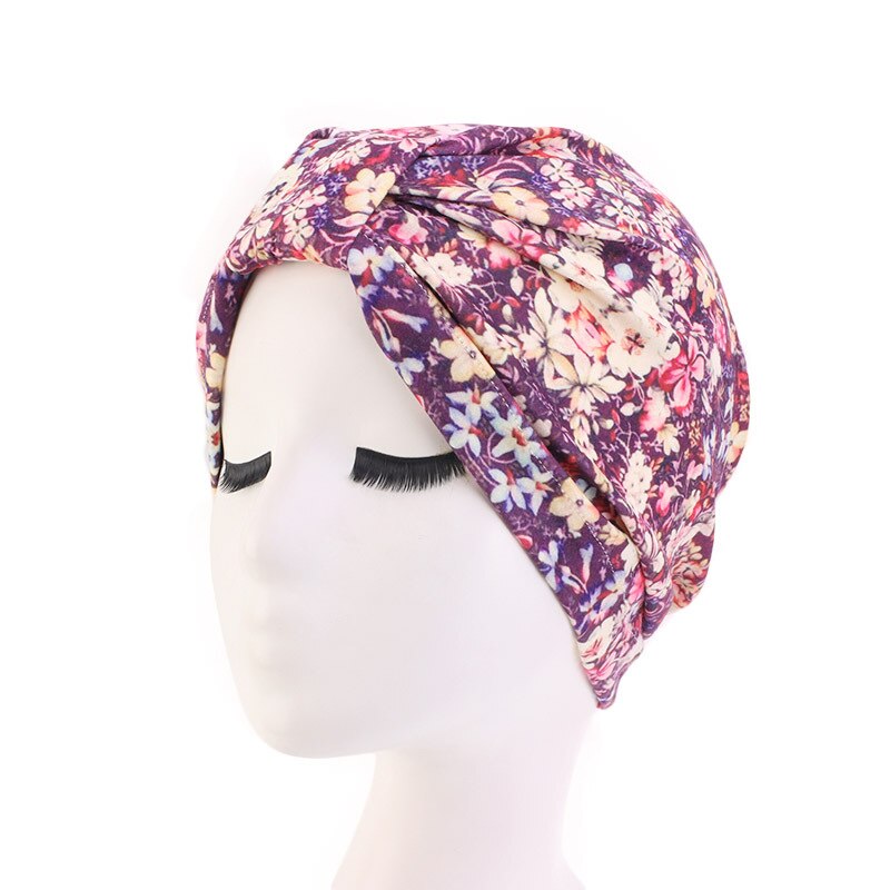 Moslim hoofddeksel tulband bedrukte katoenen hoofdband pet elastische knoop dames chemotherapie hoed afrikaanse kap verlies haarbedekking: Paars