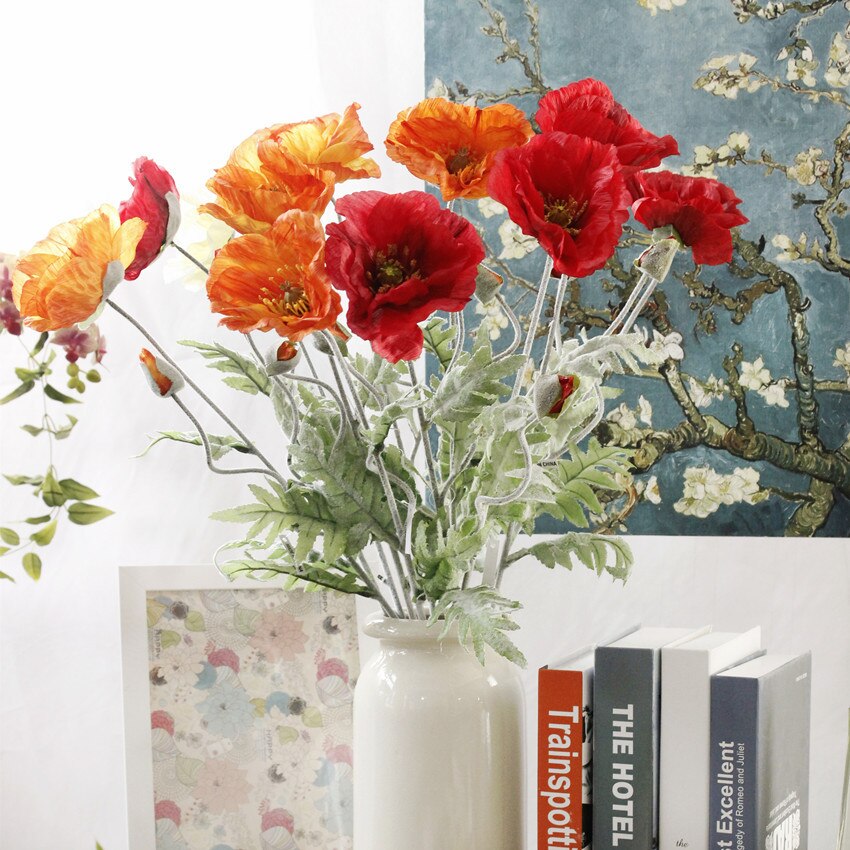 Stor rød valmuegren med flokkede blade kunstige blomster hjem stue dekoration fest favoriserer fotografering valmuer