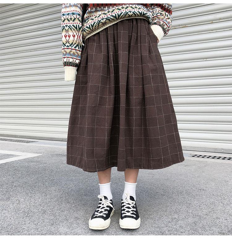 2 farben japanischen stil hohe elastische taille Lange Röcke Frau herbst Winter Plaid A-linie plissee Röcke frauen (X1078): Kaffee