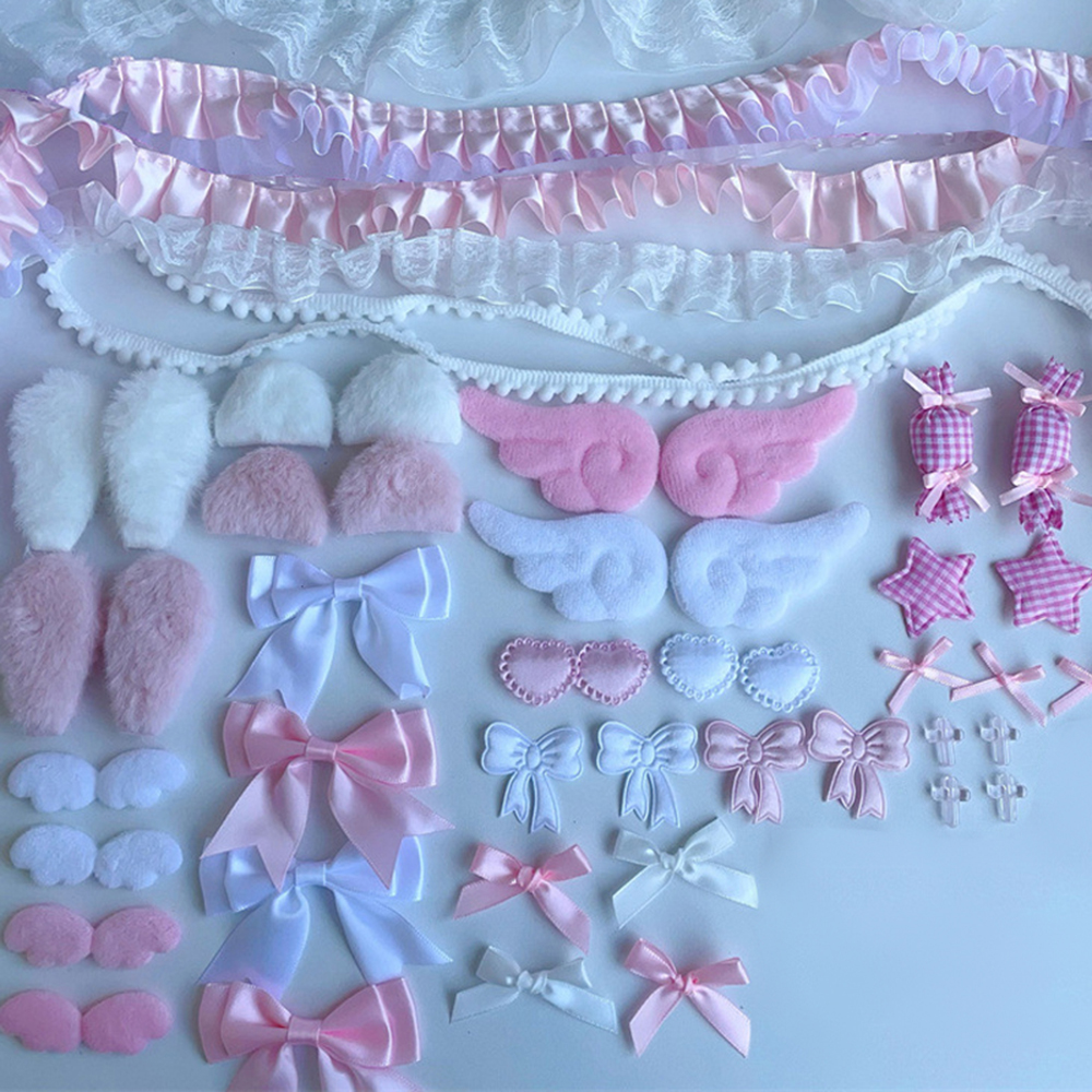 34 stuks lint kantversiering handgemaakte materiaalset engelenvleugel accessoires strik ster DIY kledingaccessoires pijnzak decoratie: Roze
