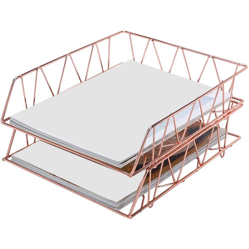 Desktop File Organizer Metal Stackable Letter Tray Paper Holder Rack, 2 Pack, Rose Gold