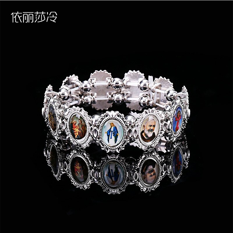 Icon Catholic Rose Rosary bracelet, Jesus Holy Angel Mary Religious jewelry alloy elastic bracelet