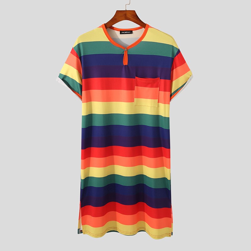 Incerun Mannen Gewaden Kleurrijke Gestreepte O Hals Korte Mouwen Homewear Cozy Leisure Nachtkleding Zomer Heren Badjassen Nachtjapon S-3XL: Red / S