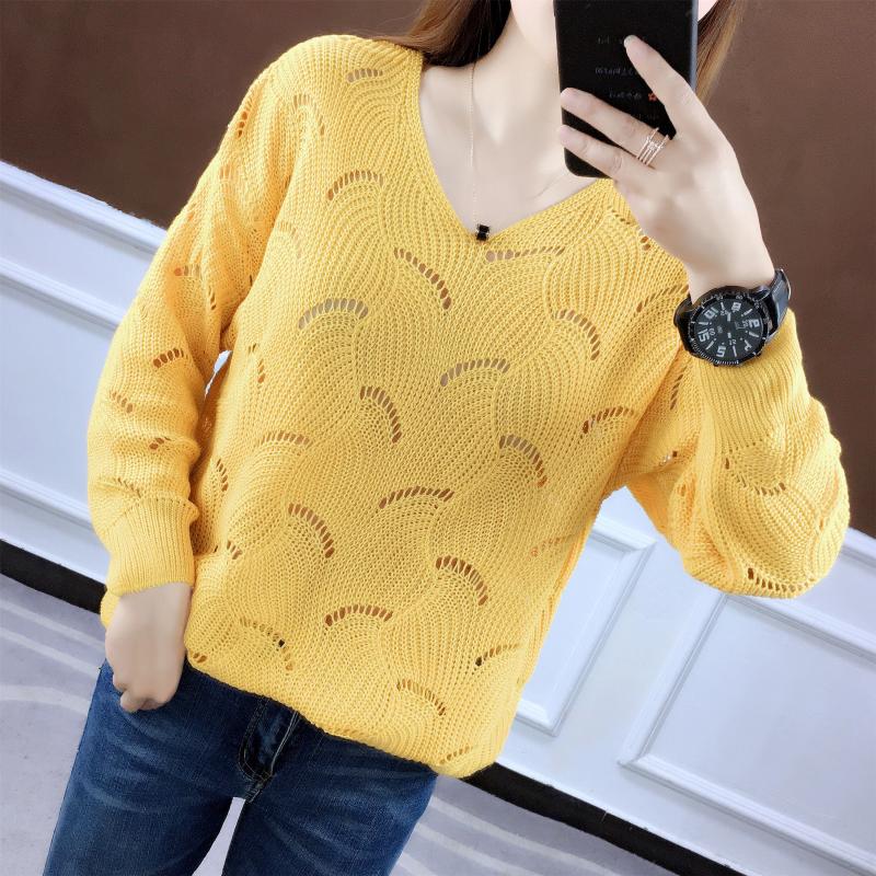 Suéter fino de verano para mujer, informal, liso, con agujeros, manga larga, cuello en v, prendas de punto sueltas, suéteres de punto