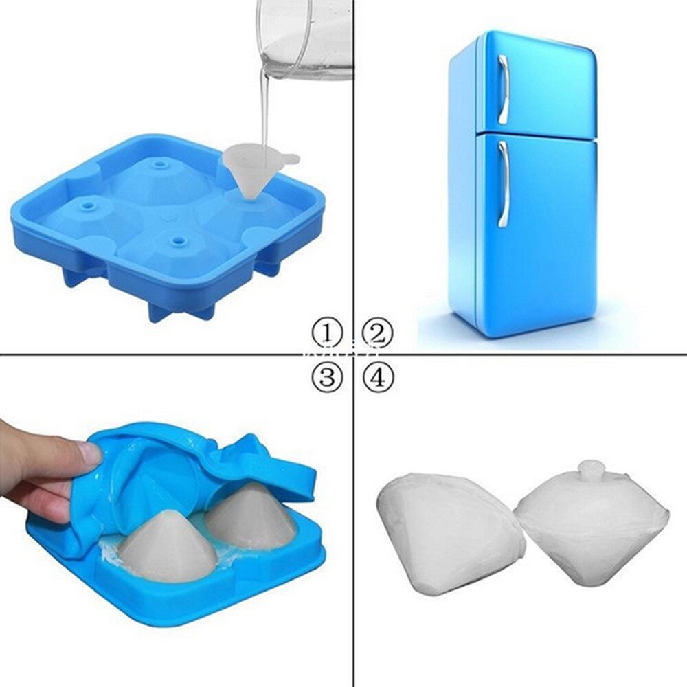 Diamond Ice Cube Tray Reusable 4 Cell Ice Cubes Maker Silicone Ice Cream Molds Form Chocolate Mold Whiskey Party Bar Tools